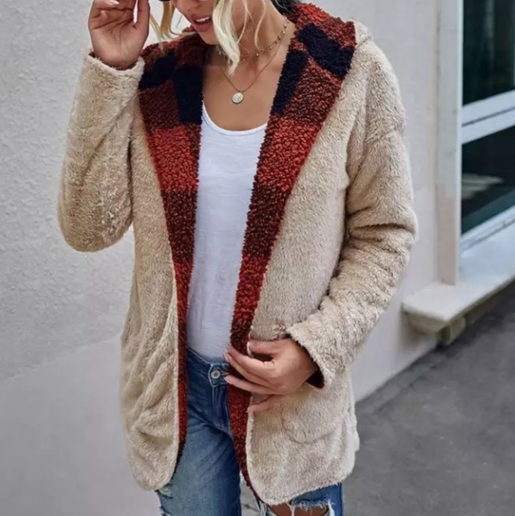 ONE LEFT! Fleece Sweater Plaid Faux Sherpa Reversible Teddy - Picture 2 of 3